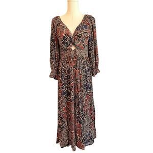 Angie Dress Womens‎ Medium Floral Boho Midi 3/4 Sleeve Twist Keyhole Festival